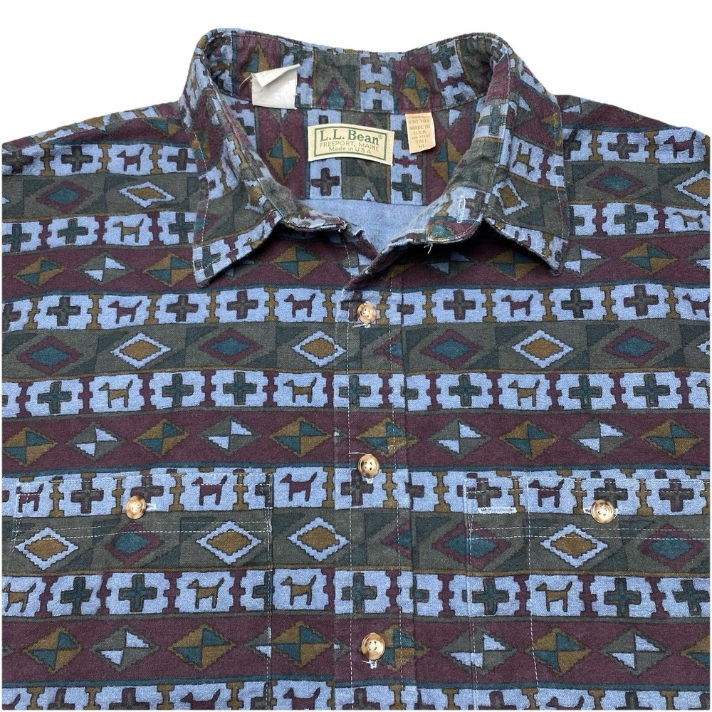 80s LL Bean Brushed Flannel Work Shirt XL Tall Mens Aztec Dog Southwestern USA